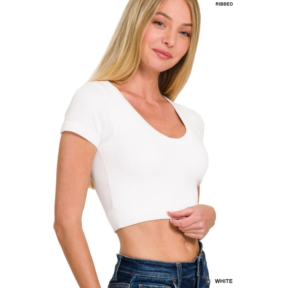 Zenana White Ribbed Double Layer V-Neck Crop Top NT-6356 Short Sleeve L/XL